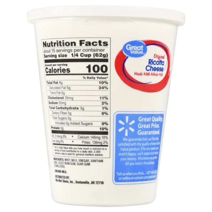 Nutrition facts for ricotta cheese